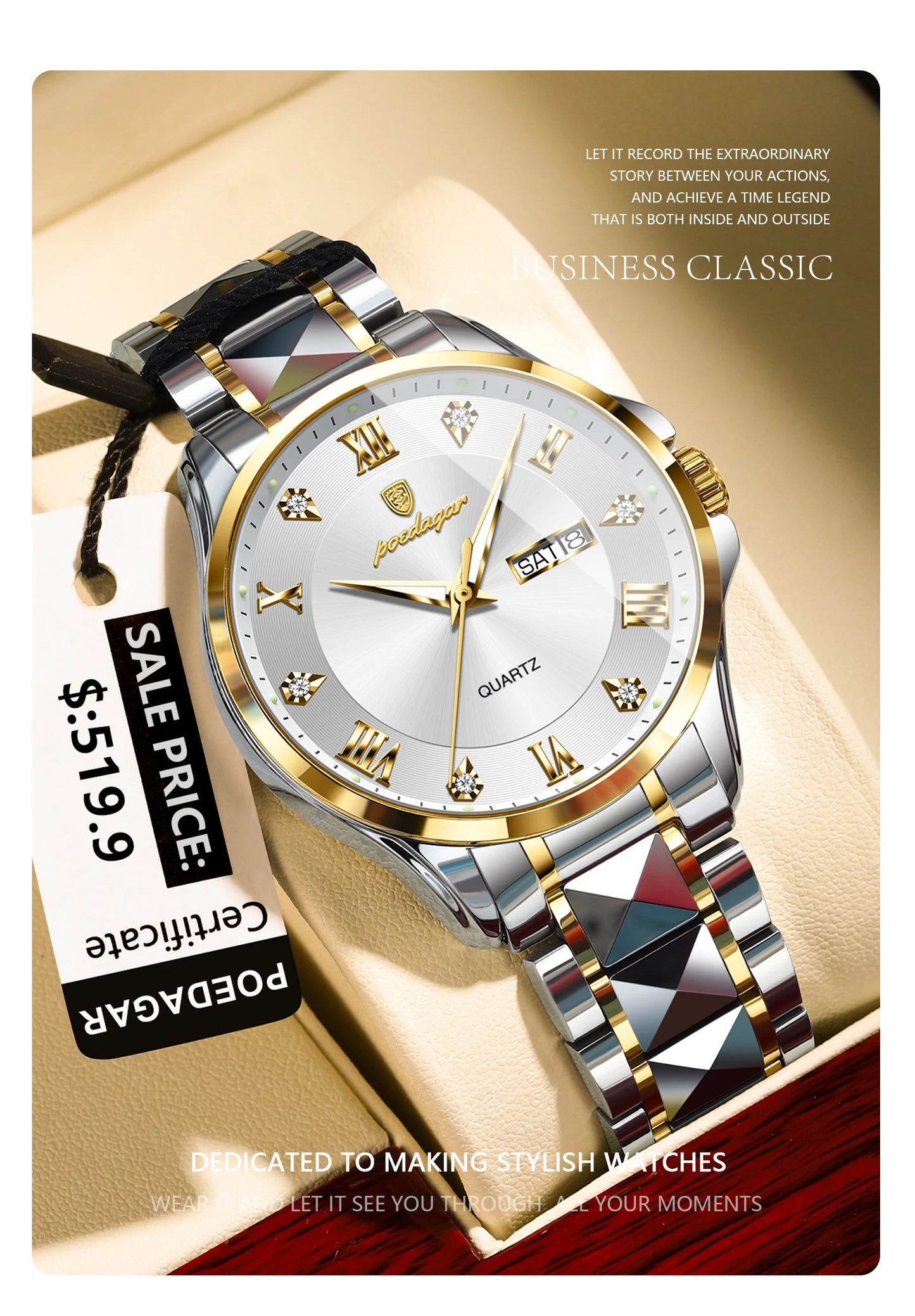 POEDAGAR Luxury Casual Man Watch Waterproof Luminous Date Week Quartz Men's Watches Stainless Steel Fashion Sport Men Wristwatch