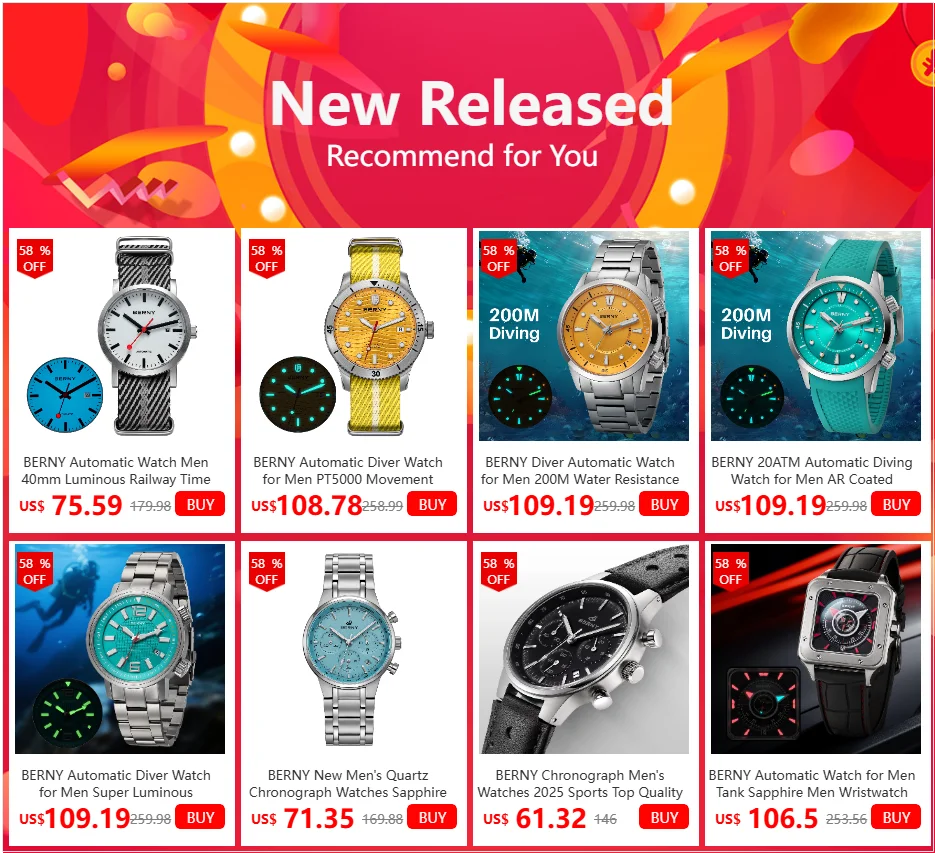 BERNY Top Automatic Diver Watch for Men PT5000 Movement 20ATM Waterproof Luminous Sapphire Lens Sport Swimming Diving Watch Men