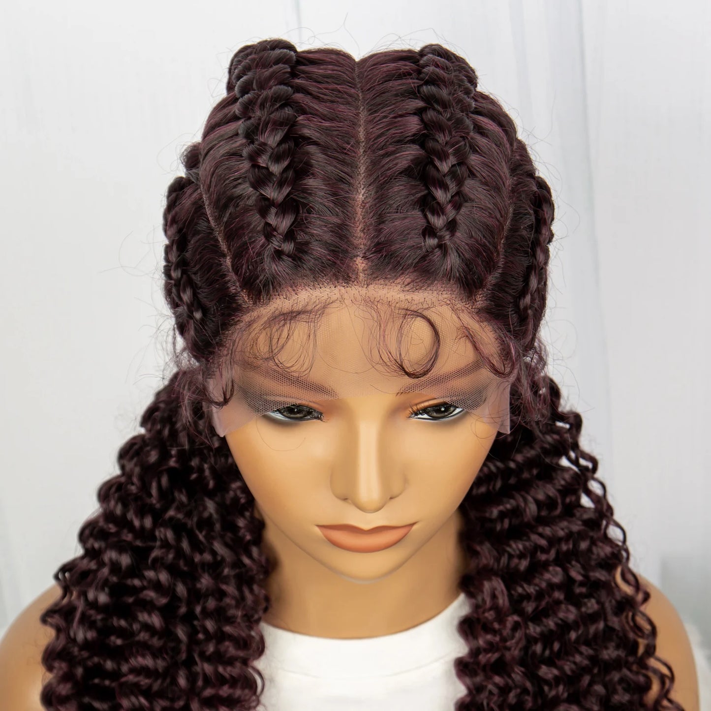 22inch Cornrow Braided Wigs Synthetic Lace Front Braids Wigs with Baby Hair 2 Curly Ponytail Braided Wigs for Black Women