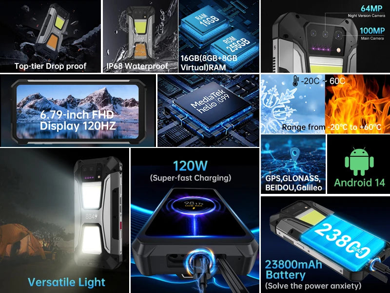 8849 Tank 2 PRO Rugged Smartphone with Projector 16GB 256GB Mobile Phone 23800mAh 120W Android 14 Phone 100MP Cell Phone