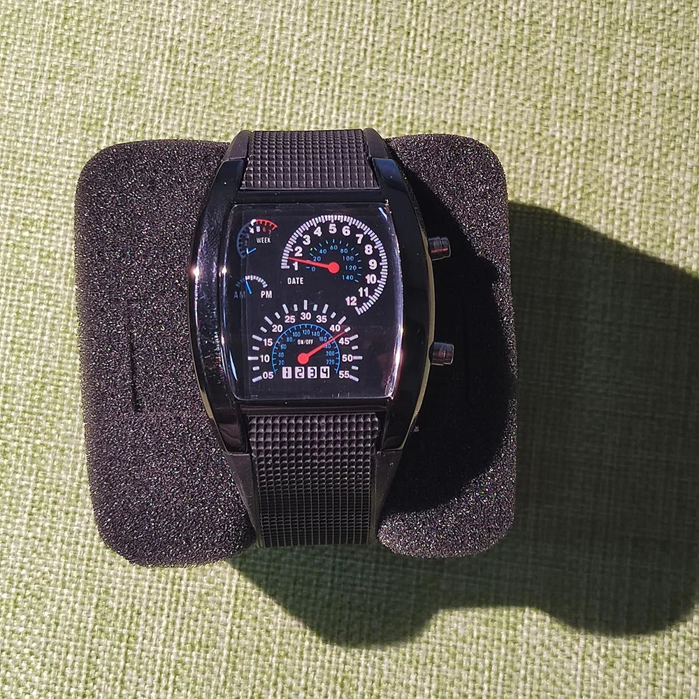 Men’s Fashion Quartz Wristwatch Sports Aviation LED Electronic Watch Fan Racing Dashboard Creative Male Digital Watch for Men