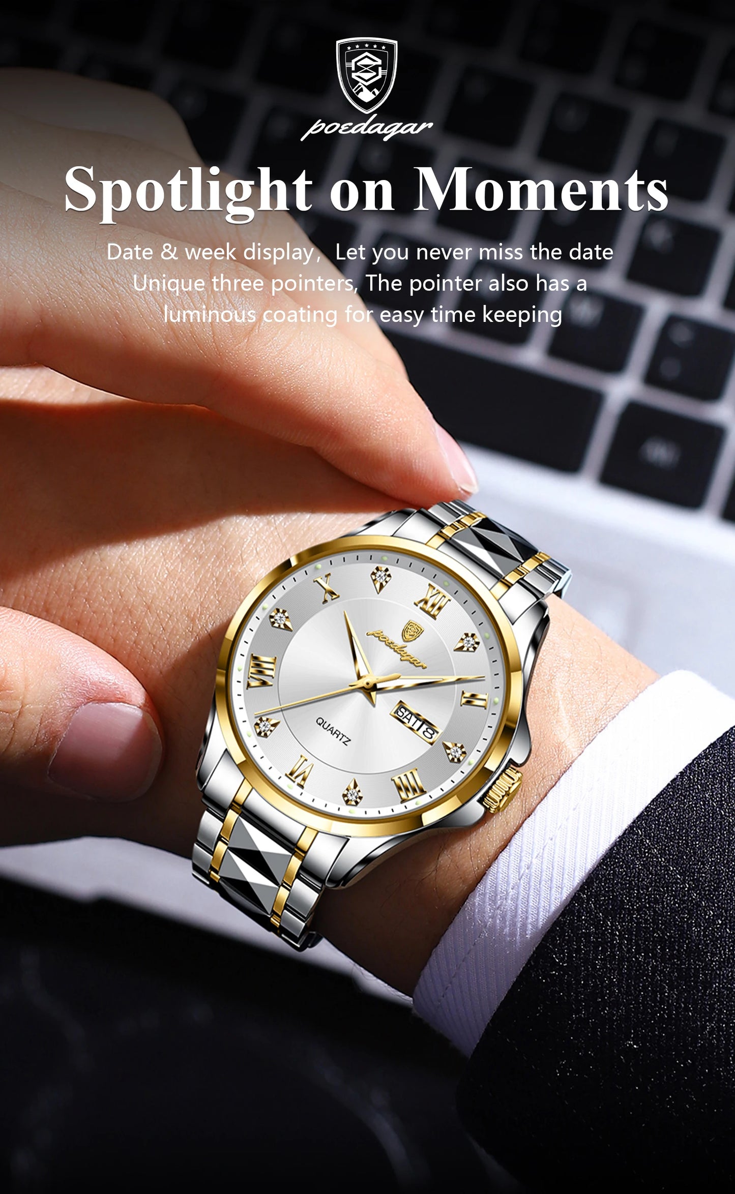 POEDAGAR Luxury Casual Man Watch Waterproof Luminous Date Week Quartz Men's Watches Stainless Steel Fashion Sport Men Wristwatch