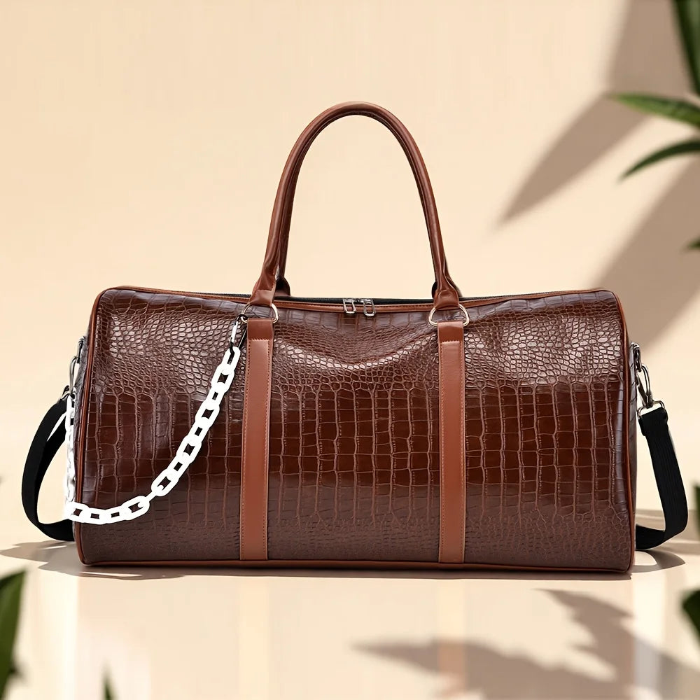 Large Capacity Retro Crocodile-Textured Duffel Bag with Adjustable Shoulder Strap, Stylish Gym, Weekender & Overnight Bag