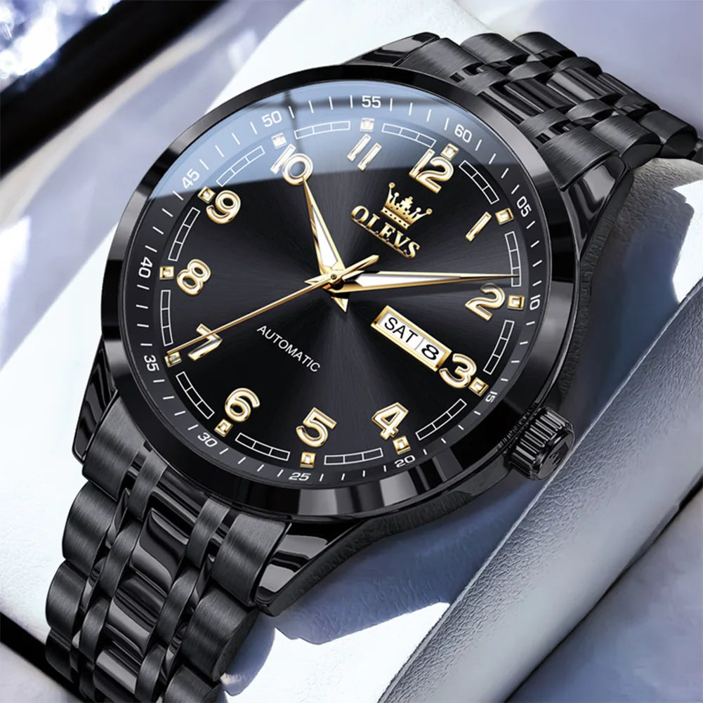 OLEVS Men Watches 7077 Luxury Fashion Top Brand Original Automatic Mechanical Watch for Man Double Scale Simple Trend Waterproof