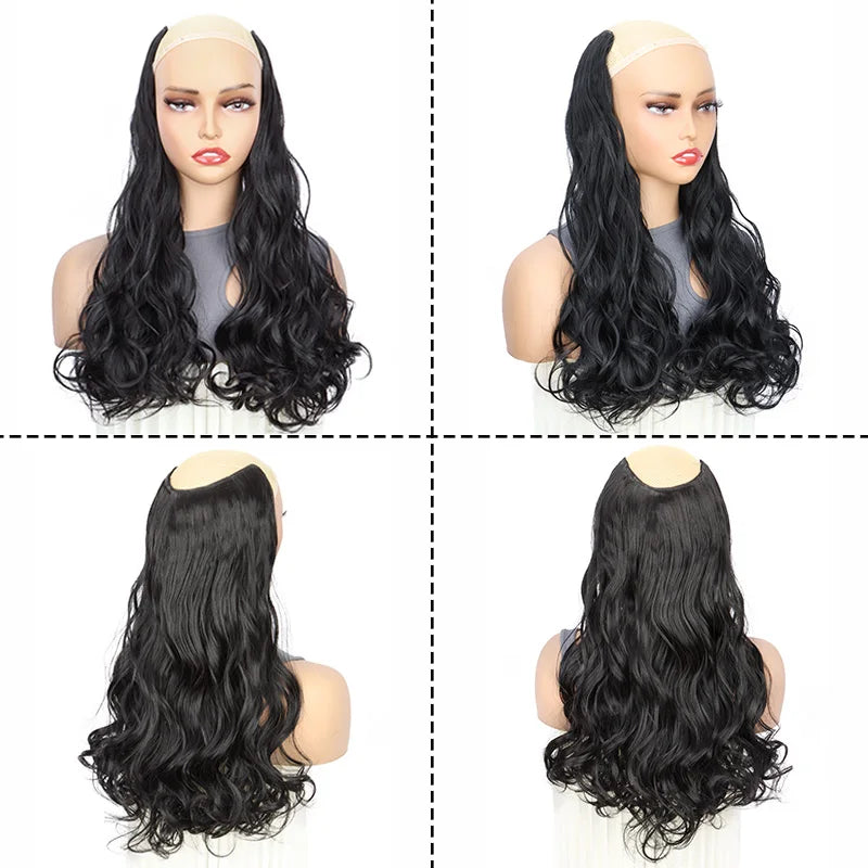 20Inch Synthetic Long Wavy Curly 4 Clip in Hair Extension V-shaped Heat Resistant Black Blonde Hairpiece for Women