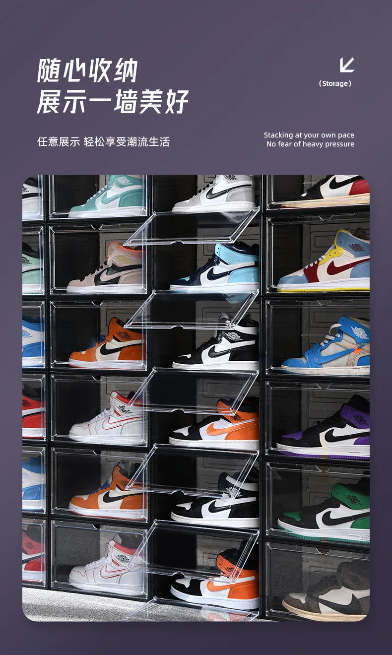 Transparent shoe box, hard box, magnetic storage, acrylic doll bag, hand-held storage box rack, front side opening shoe cabinet
