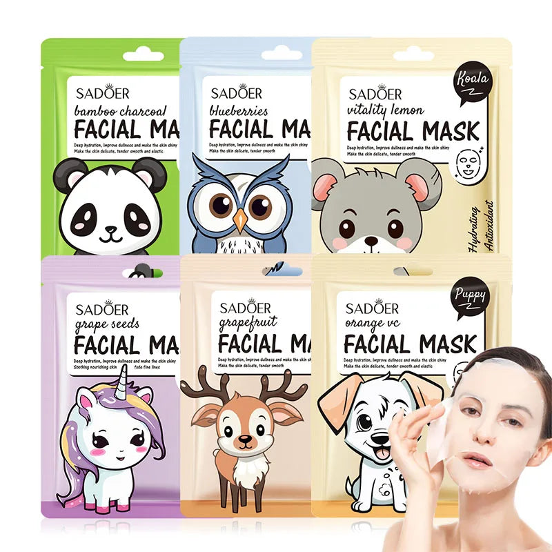 5pcs SADOER Cartoon Fresh Fruit Facial Mask Anti Wrinkle Moisturizing Soothing Brightening Hydrating Face Mask Skin Care