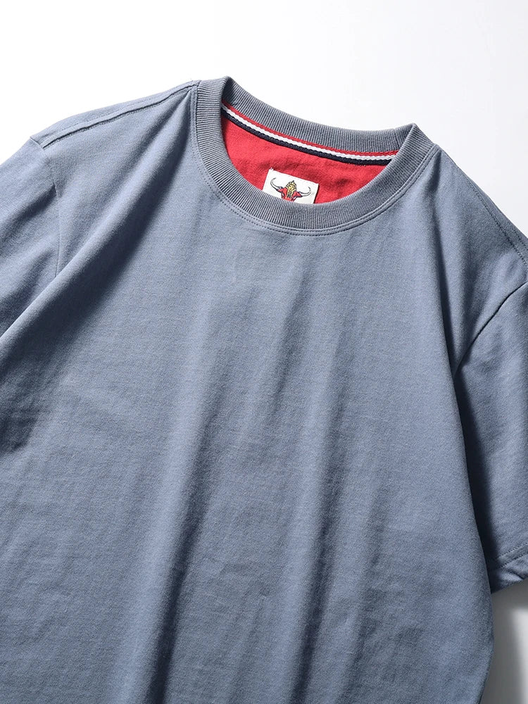 2025 Summer New American Retro Short Sleeve O-neck Solid Color T-shirt Men's Fashion 100% Cotton Washed Casual Terry Cloth Tops