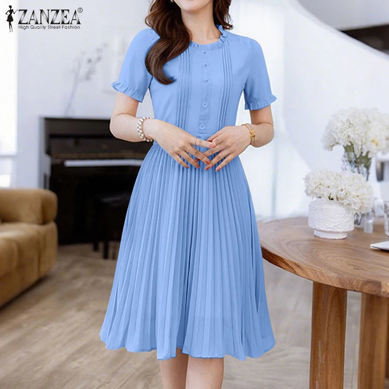 2025 ZANZEA Elegant Women Midi Dresses Summer Office Work Dress Short Sleeve O Neck Party Vestidos Pleated Sundress Robe Femme