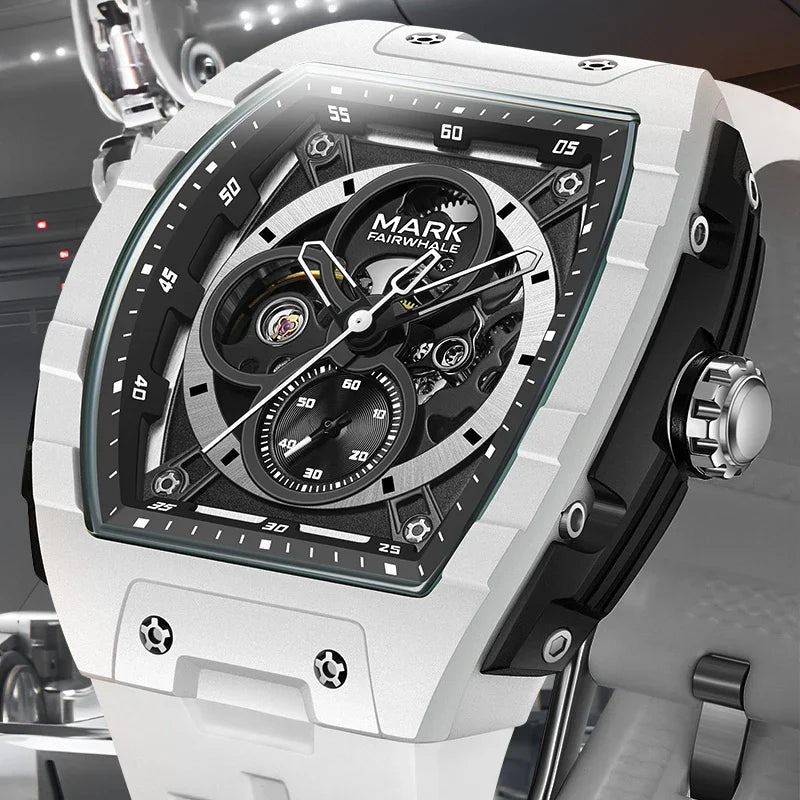 Mark Fairwhale 6014 Brand Rubber Strap Waterproof Luminous Men's Automatic Mechanical Watch Barrel Shape Watches for Men