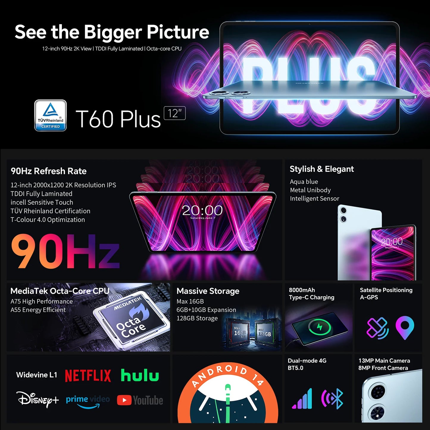Teclast T60 Plus Tablet 12" 90Hz 2K Display Android 14 MTK G88 Octa-Core Max 16GB RAM 128GB ROM Widevine L1 4G LTE GPS 8000mAh