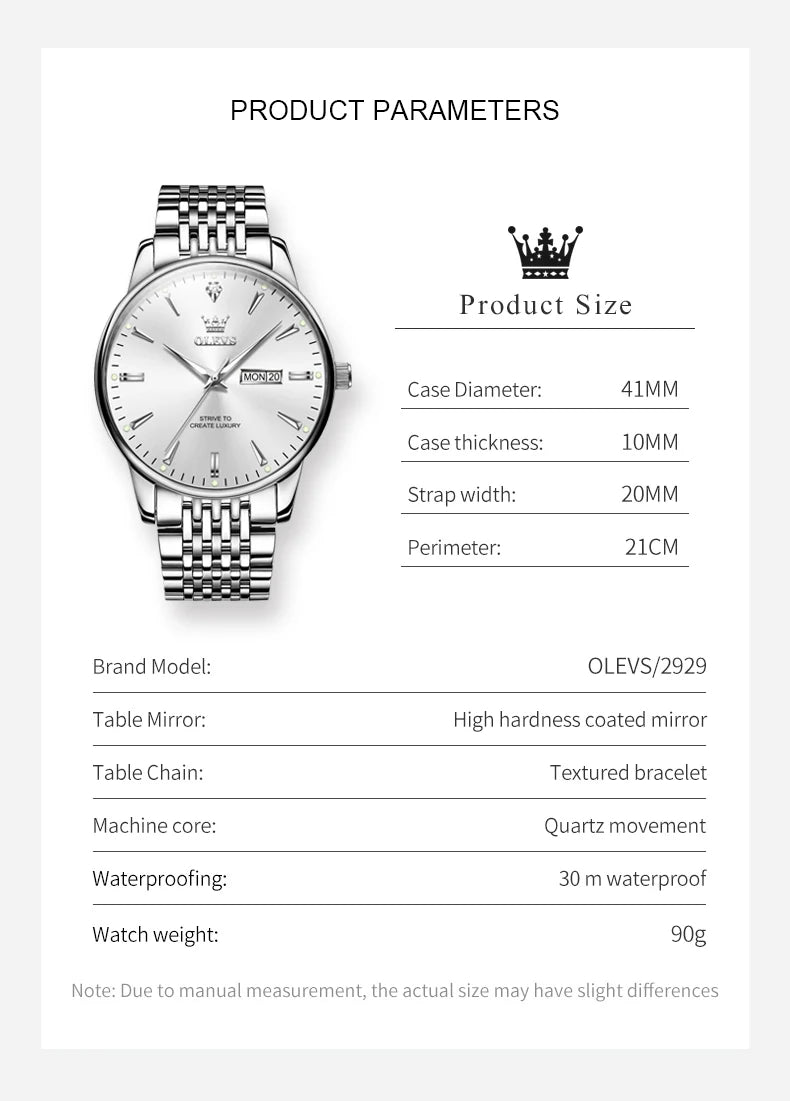 OLEVS Men's Watches Fashion Simple Calendar Week Luminous Waterproof Steel Strap Man Watch Original Quartz Watches for Men 2929