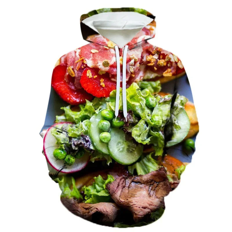 3D Printing Steak Salad French Fries Food Hoodie For Men Long Sleeves Hooded Sweatshirt Hamburger Pattern Casual Pullovers