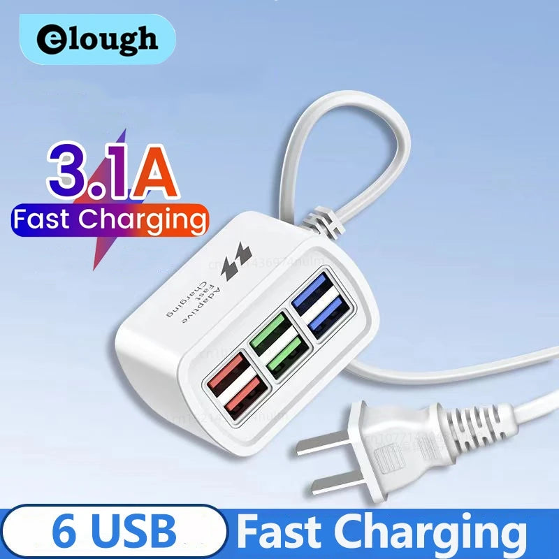 6 USB Charger Power Strip Universal Fast Charging EU/US Plug Phone Charger Adapter Electric Socket Extension Cable Table Socket