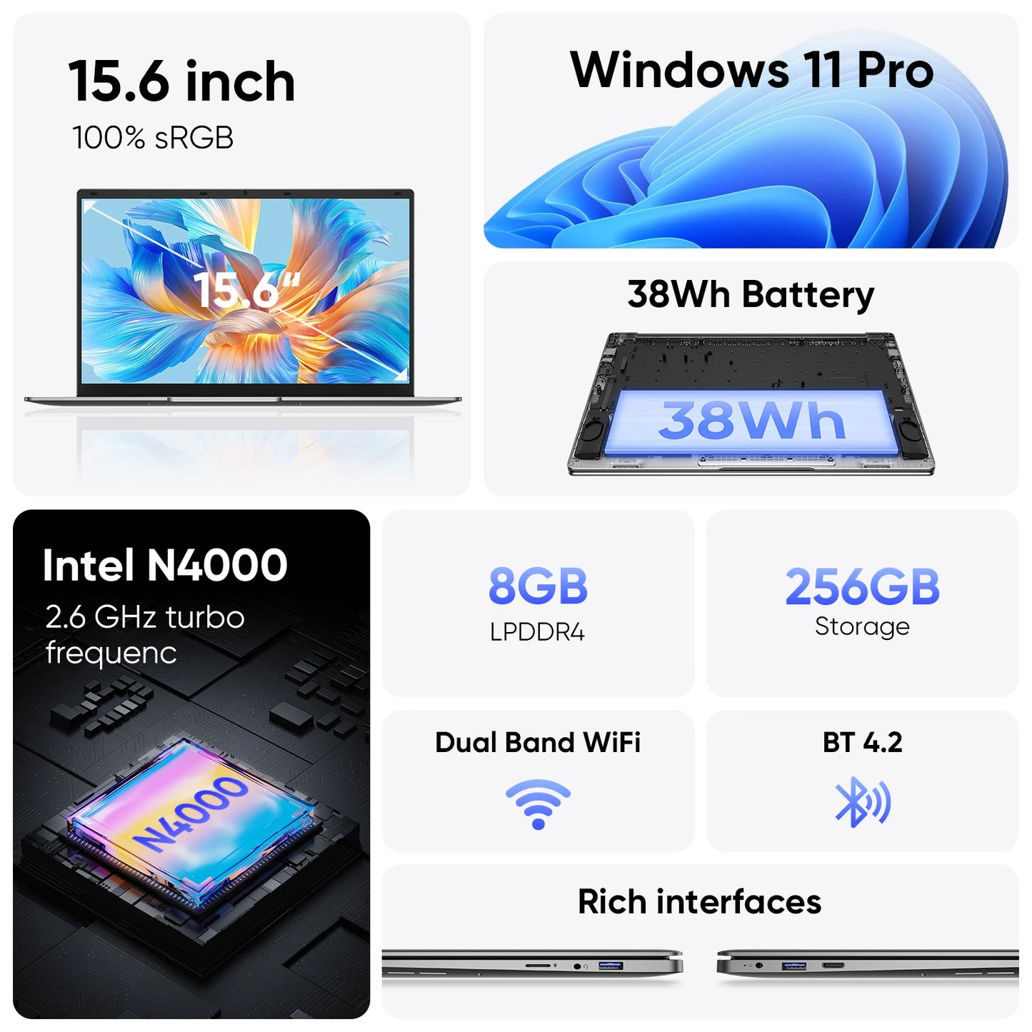 15.6 "Thin & Portable Laptop Computer Intel Celeron N4000 8GB RAM 256GB SSD FHD 1920x1080 16:9 Display For Work And Study