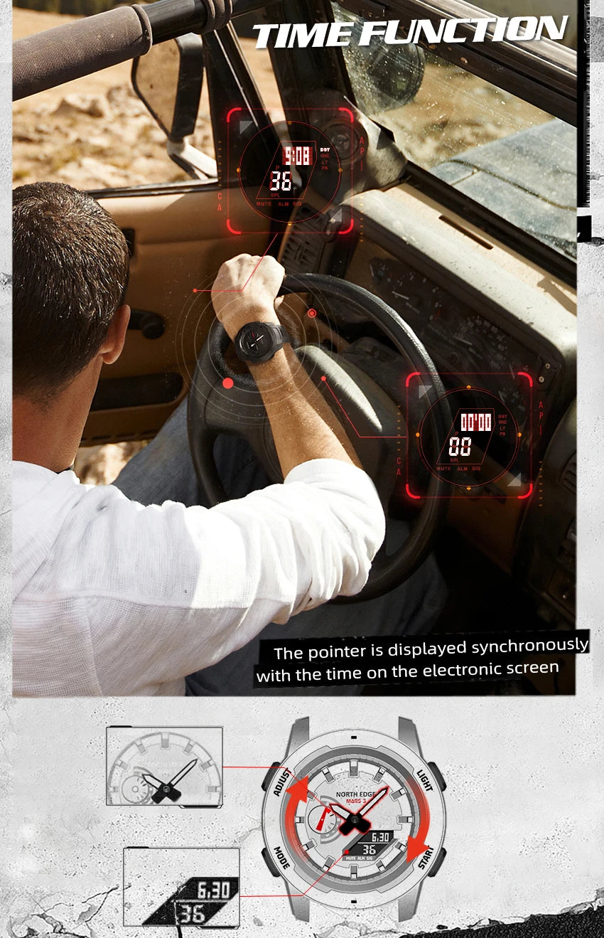 NORTH EDGE Mars3 Men's Military Watch Digital Carbon Fiber Case For Man Waterproof 50M Sports Watches World Time