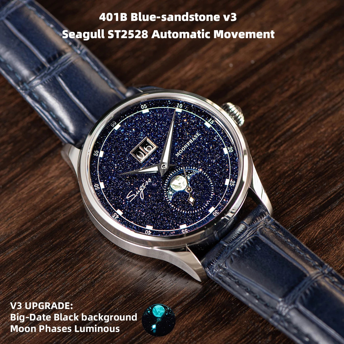 Sugess Moonphase Watch of Men 40mm Automatic Mechanical Wristwatches Origin ST2528 Movement Stainless Steel Blue Sandstone Dials