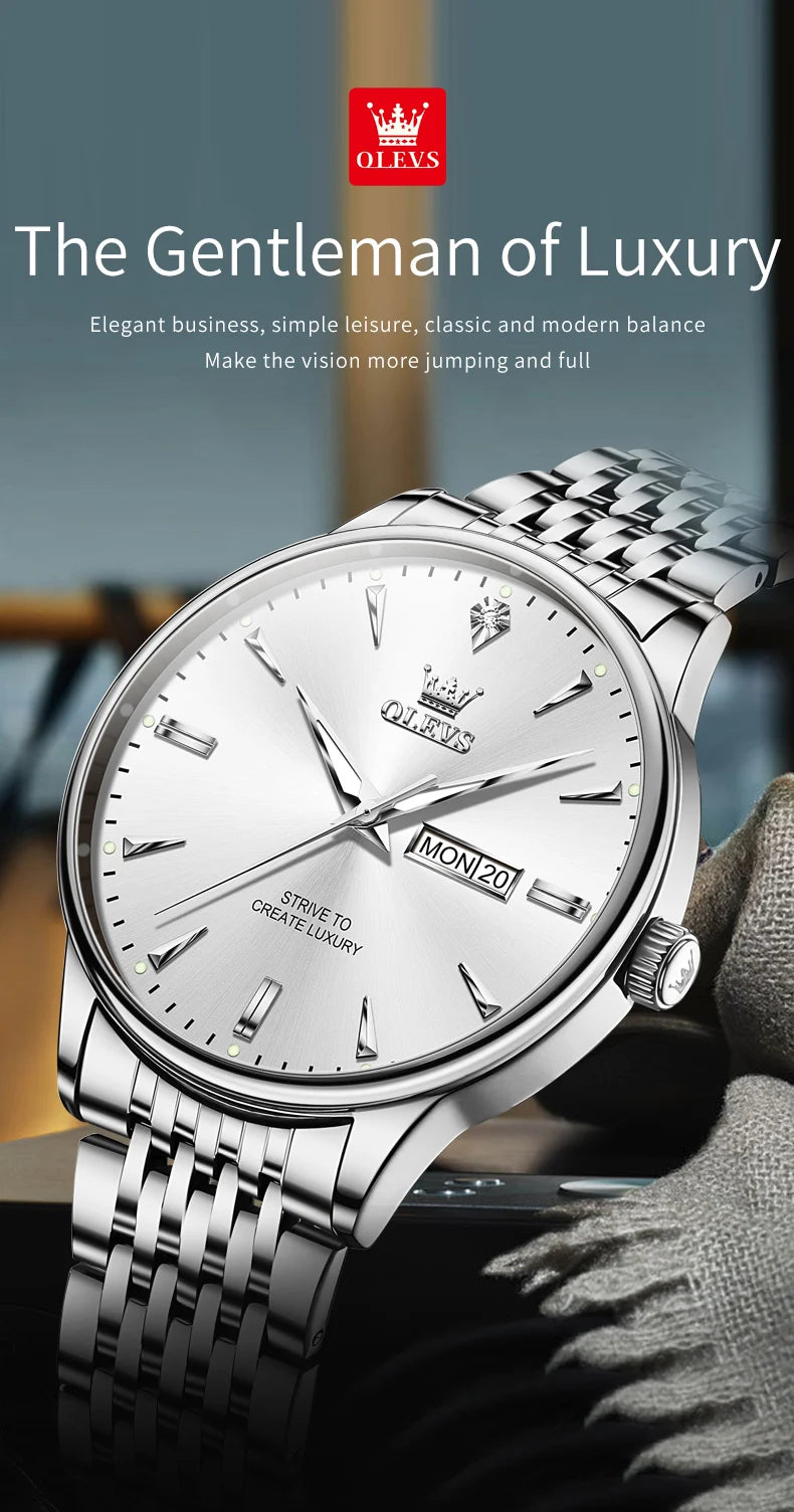 OLEVS Men's Watches Fashion Simple Calendar Week Luminous Waterproof Steel Strap Man Watch Original Quartz Watches for Men 2929