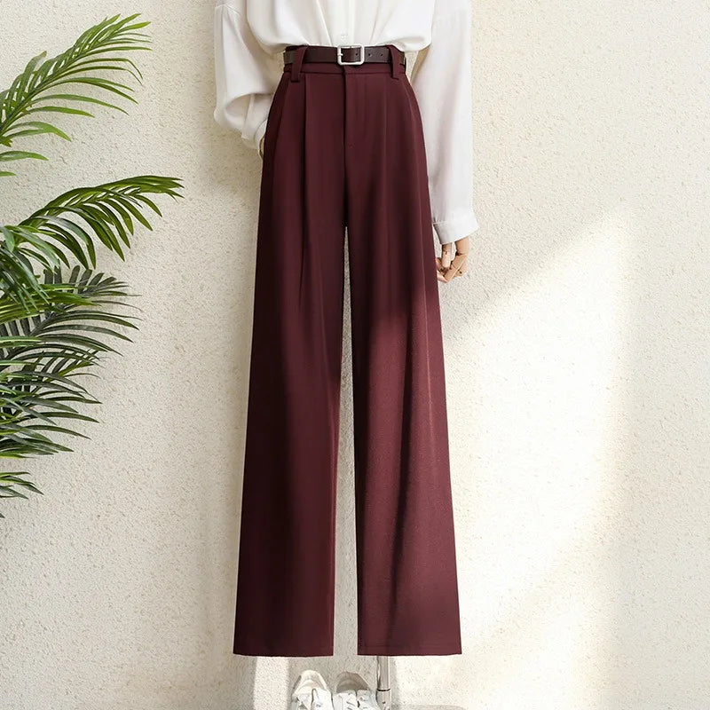 2025 New Burgundy Suits Pants for Women Office Lady Elegant High Waist Wide Leg Fashion Trousers with Pockets Black Gray