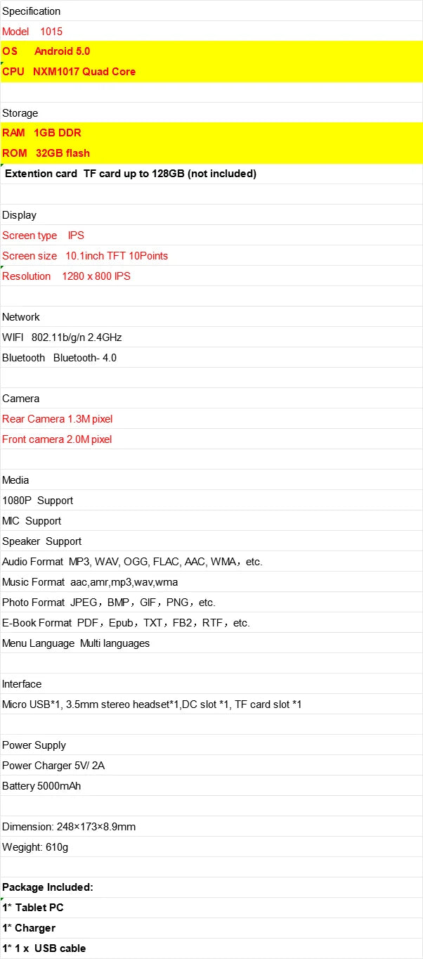 10.1 INCH 1GB RAM 32GB ROM Andriod 5.0 WIFI Tablet PC NXM1017 Quad Core 1280 x 800 IPS Screen Dual Camera 5000mAh