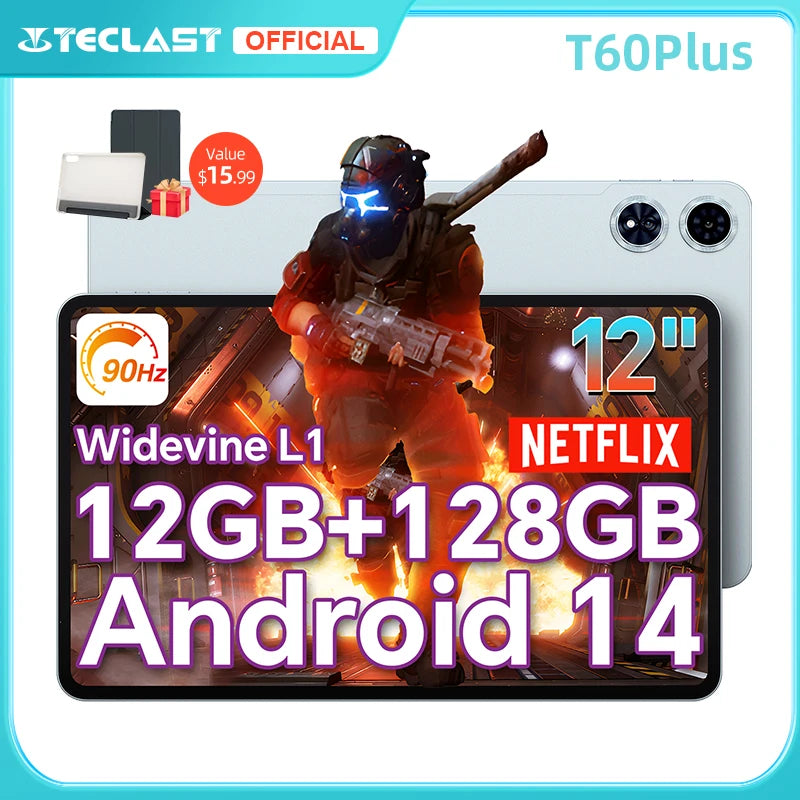 Teclast T60 Plus Tablet 12" 90Hz 2K Display Android 14 MTK G88 Octa-Core Max 16GB RAM 128GB ROM Widevine L1 4G LTE GPS 8000mAh