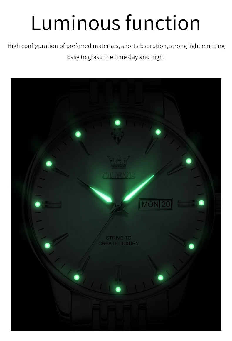 OLEVS Men's Watches Fashion Simple Calendar Week Luminous Waterproof Steel Strap Man Watch Original Quartz Watches for Men 2929