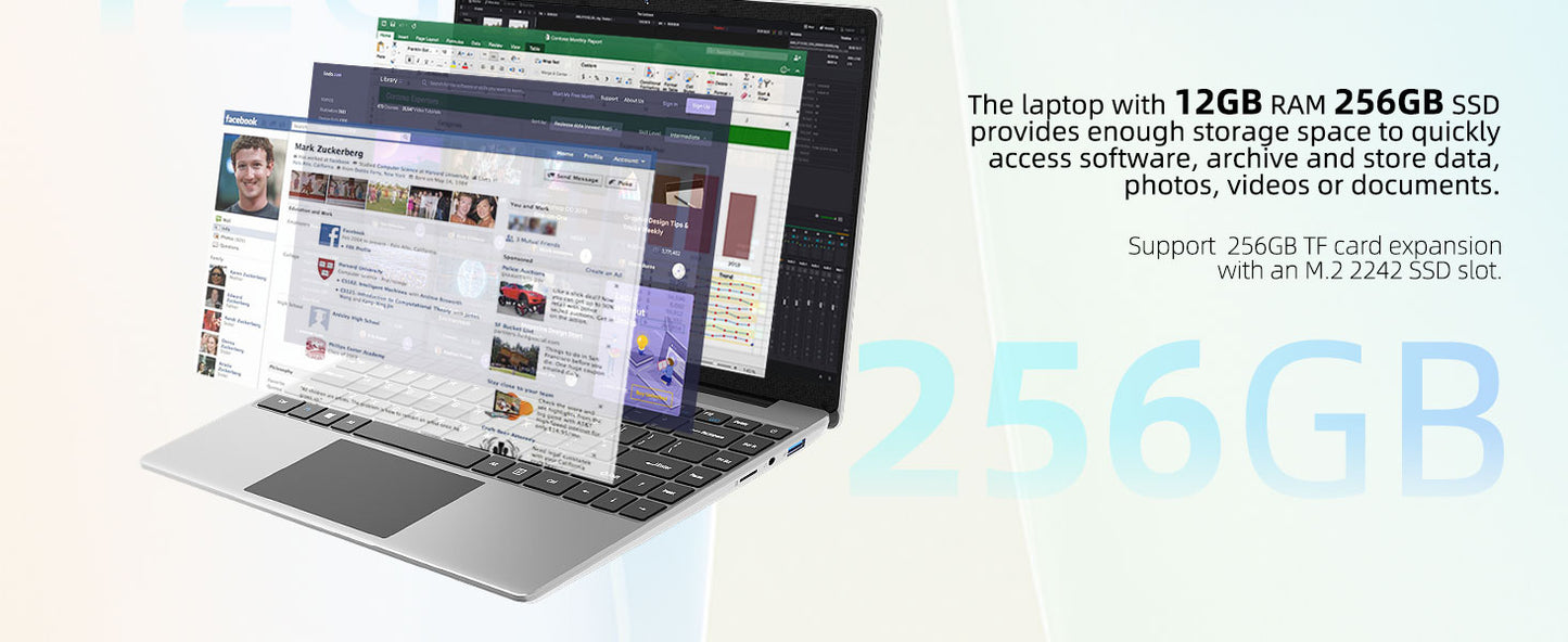 14 Inch Laptop PC 12GB LPDDR4 RAM 256GB SSD ROM 1080p FHD IPS Screen Windows 11 Computer with Celeron 4-Core Processor WIFI