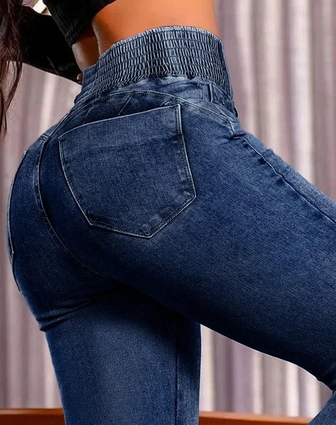 ALLUKASA 2025 autumn winter Elegant High Waist Button Front Casual Female Jeans Sexy Fashion Back Shirred Trouser Bottom - The Discount Plug