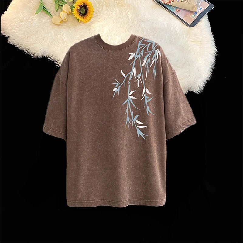 Bamboo Leaf Pattern Short Sleeve Heavy Fabric Acid Washed Men's T-shirt Men Woman Streetwear Oversized Loose Tops Summer Tees - The Discount Plug