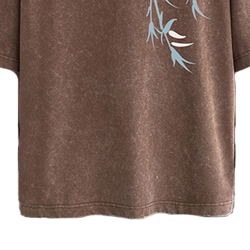 Bamboo Leaf Pattern Short Sleeve Heavy Fabric Acid Washed Men's T-shirt Men Woman Streetwear Oversized Loose Tops Summer Tees - The Discount Plug