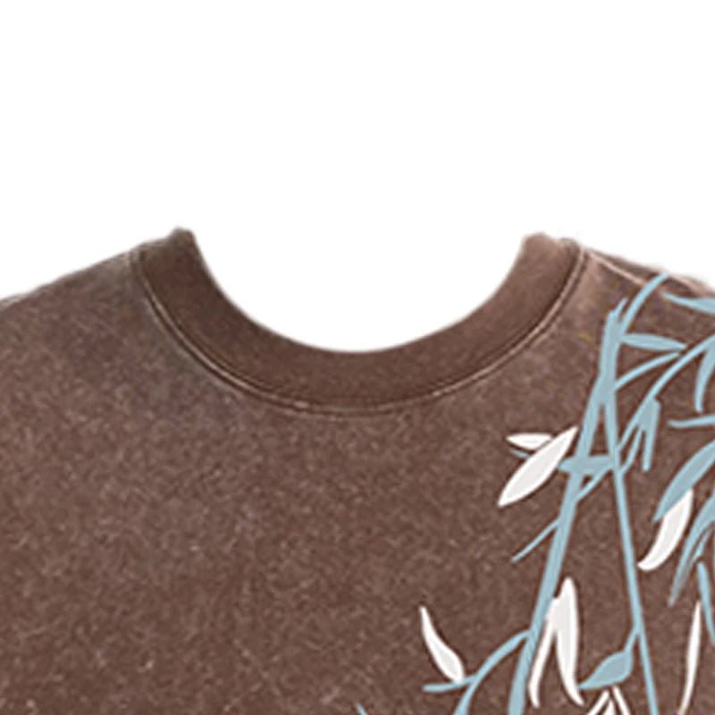 Bamboo Leaf Pattern Short Sleeve Heavy Fabric Acid Washed Men's T-shirt Men Woman Streetwear Oversized Loose Tops Summer Tees - The Discount Plug