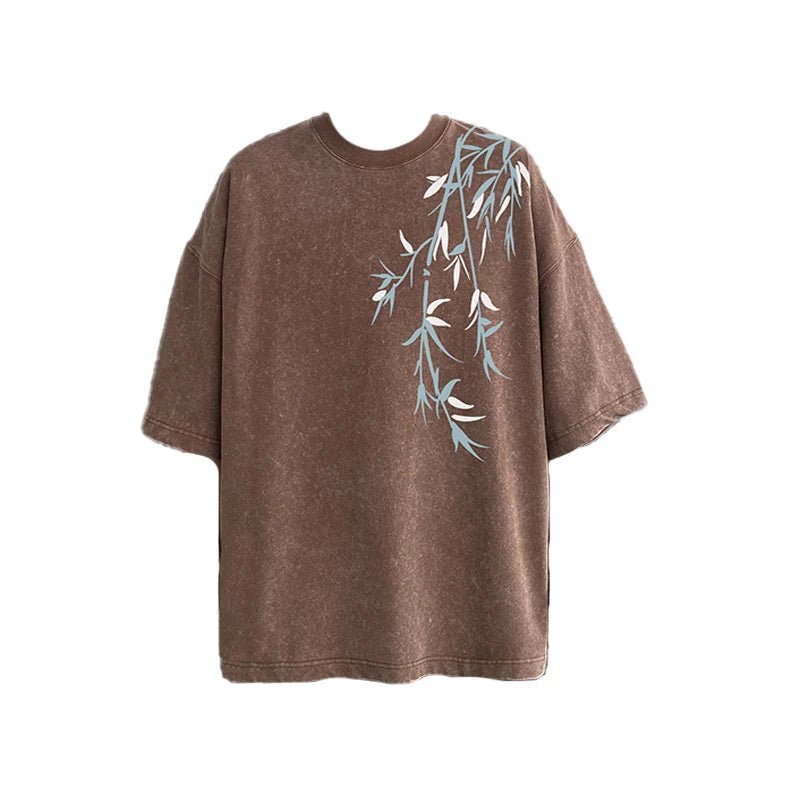 Bamboo Leaf Pattern Short Sleeve Heavy Fabric Acid Washed Men's T-shirt Men Woman Streetwear Oversized Loose Tops Summer Tees - The Discount Plug