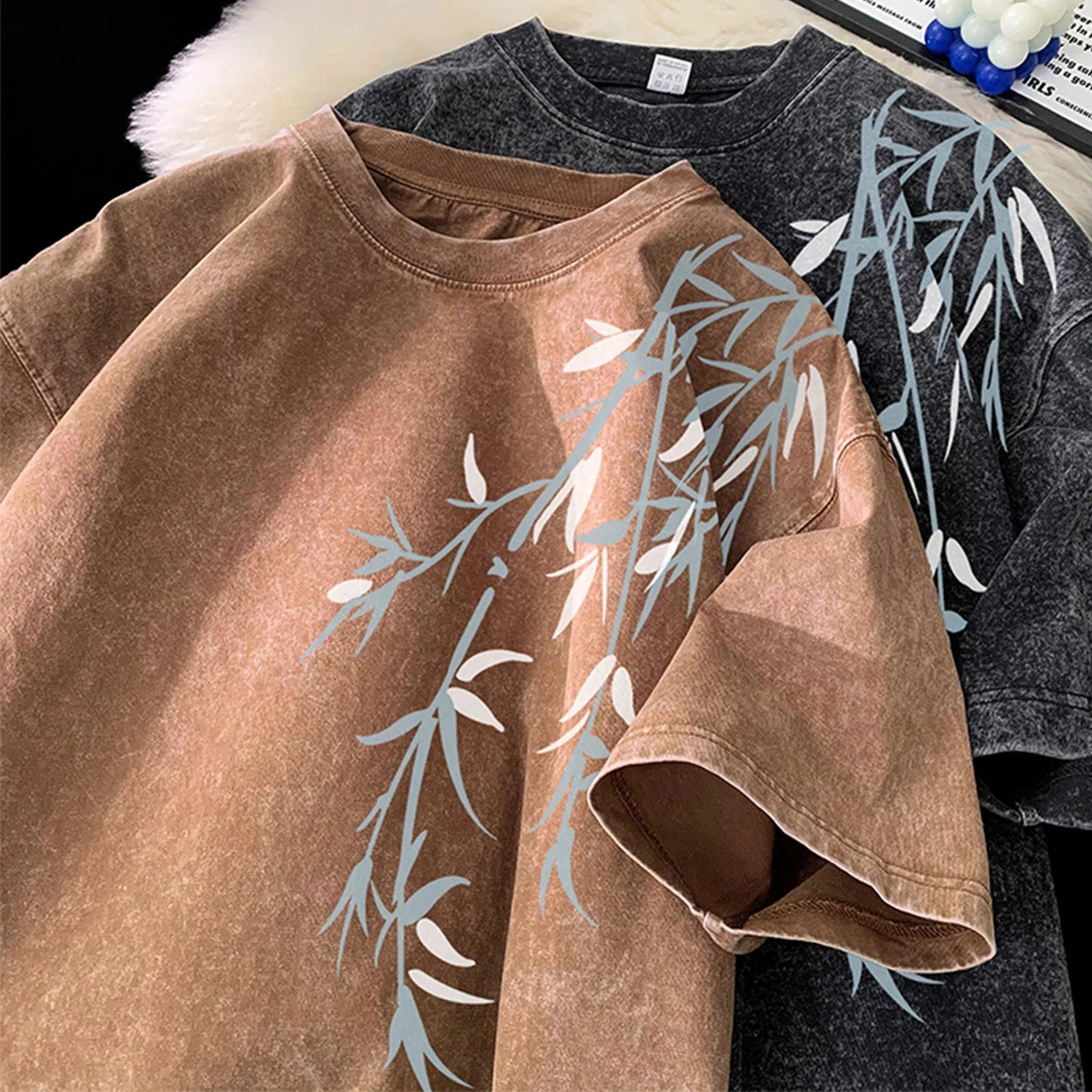 Bamboo Leaf Pattern Short Sleeve Heavy Fabric Acid Washed Men's T-shirt Men Woman Streetwear Oversized Loose Tops Summer Tees - The Discount Plug