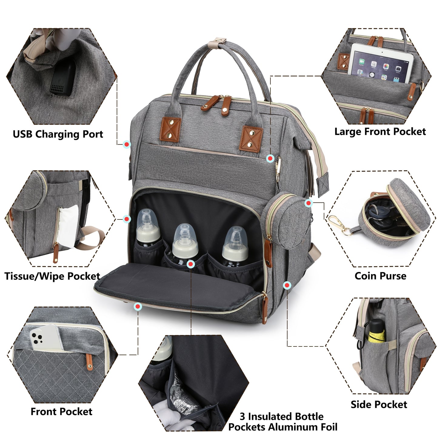 Lamroro Diaper Bag Backpack, Multifunction Travel Back Pack Maternity Changing Bags, Large Capacity, Stylish, Bag for Boys& Girls, Registry Search, Essentials Gifts, with USB Charging Port for Moms Dads