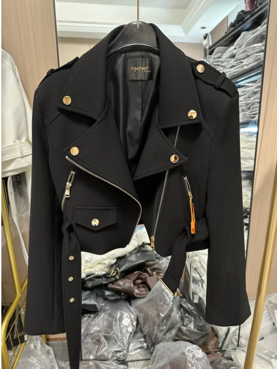 Korean version of the long - sleeved motorcycle jacket jacket women's spring and autumn new fashion temperament Joker suit collar - The Discount Plug