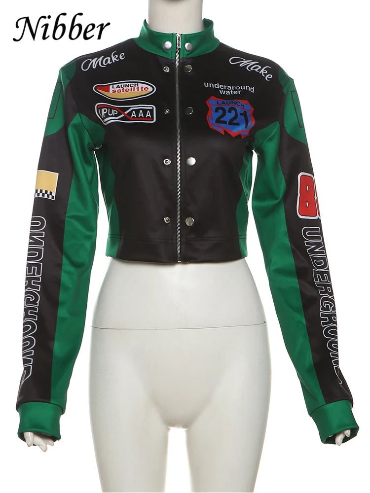 Nibber Hipster Patchwork Jacket Women Y2K Letter Print Hipster Uniform Street Single - Breasted Hipster Autumn Trend Zip Coats - The Discount Plug