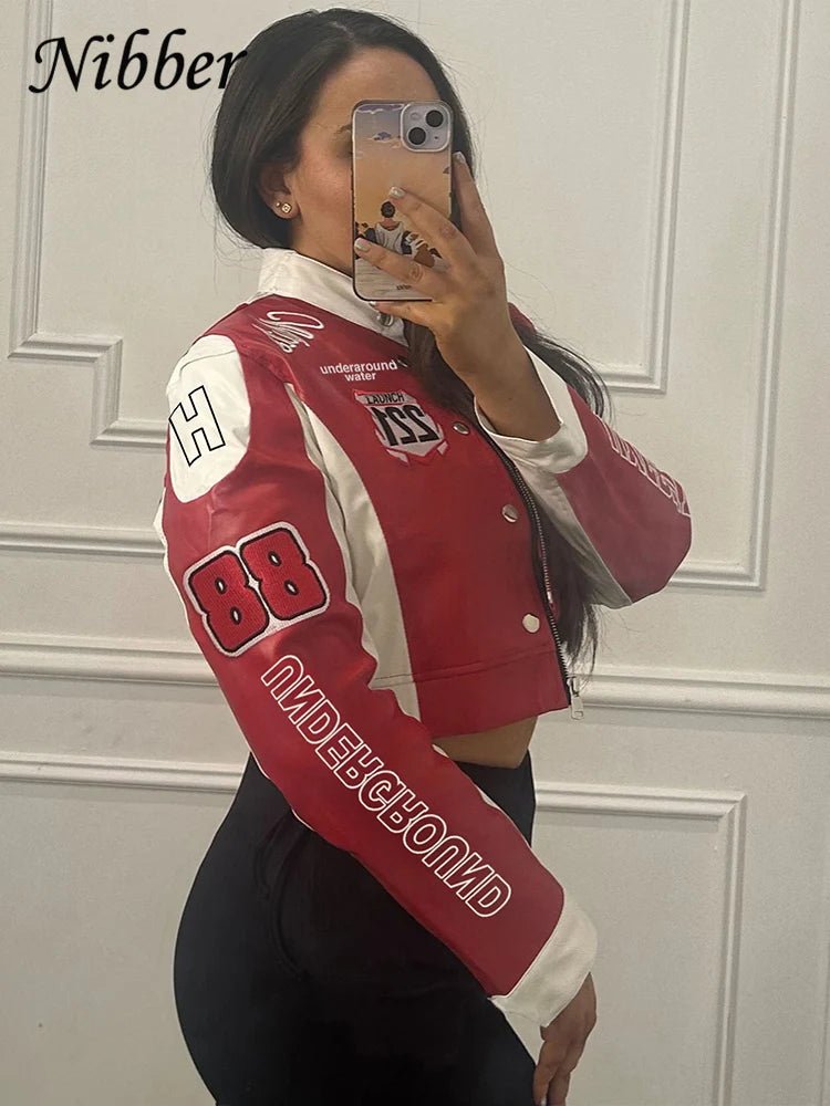 Nibber Hipster Patchwork Jacket Women Y2K Letter Print Hipster Uniform Street Single - Breasted Hipster Autumn Trend Zip Coats - The Discount Plug