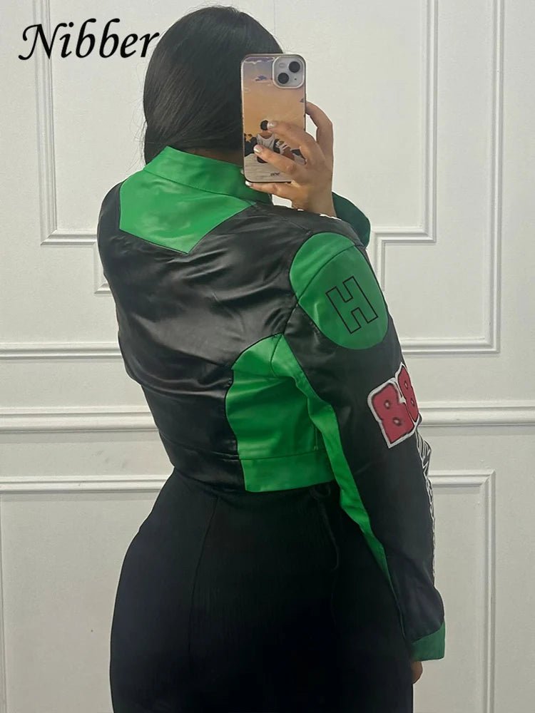 Nibber Hipster Patchwork Jacket Women Y2K Letter Print Hipster Uniform Street Single - Breasted Hipster Autumn Trend Zip Coats - The Discount Plug