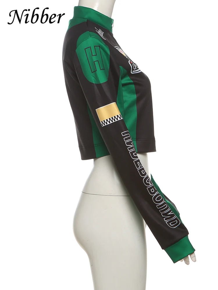 Nibber Hipster Patchwork Jacket Women Y2K Letter Print Hipster Uniform Street Single - Breasted Hipster Autumn Trend Zip Coats - The Discount Plug