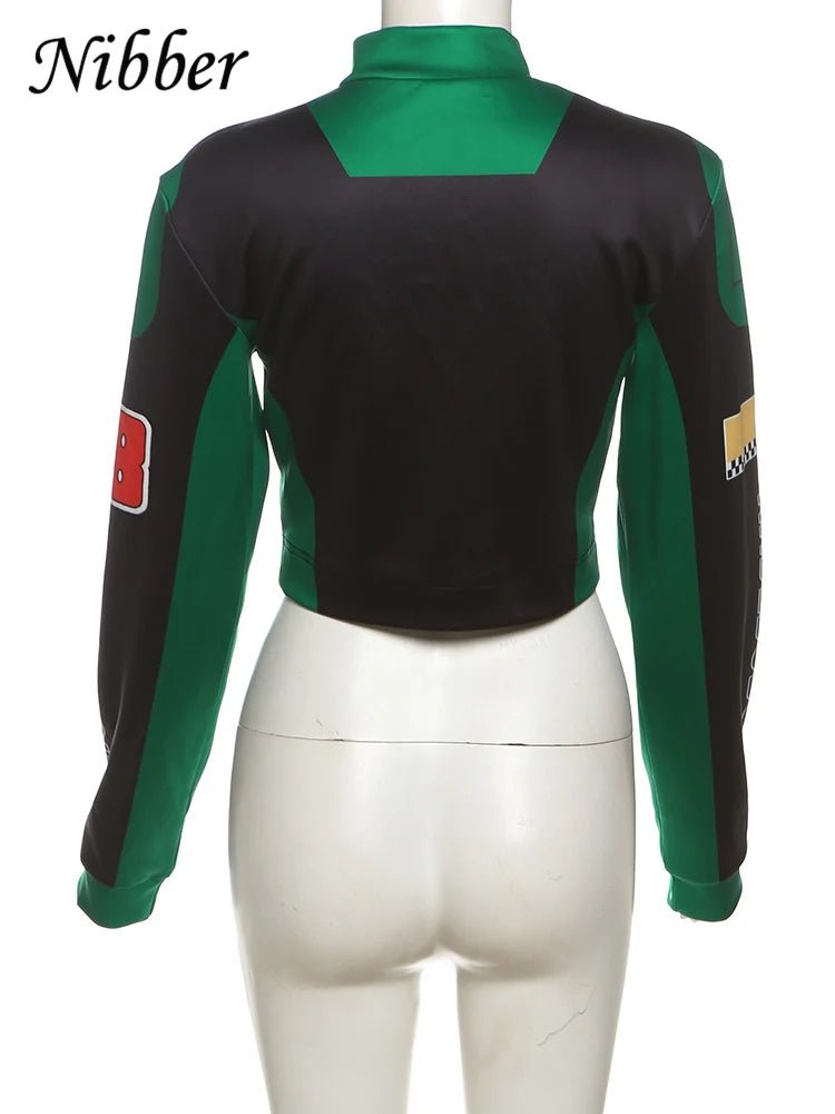 Nibber Hipster Patchwork Jacket Women Y2K Letter Print Hipster Uniform Street Single - Breasted Hipster Autumn Trend Zip Coats - The Discount Plug