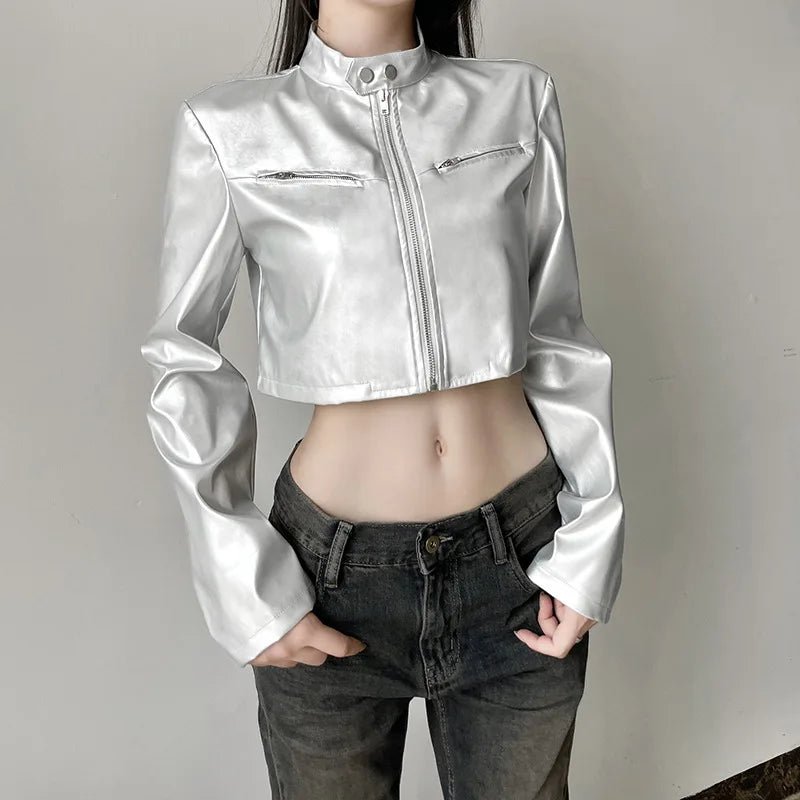 Spicy girl street personality slim fit exposed navel versatile silver stand up collar zipper short jacket - The Discount Plug