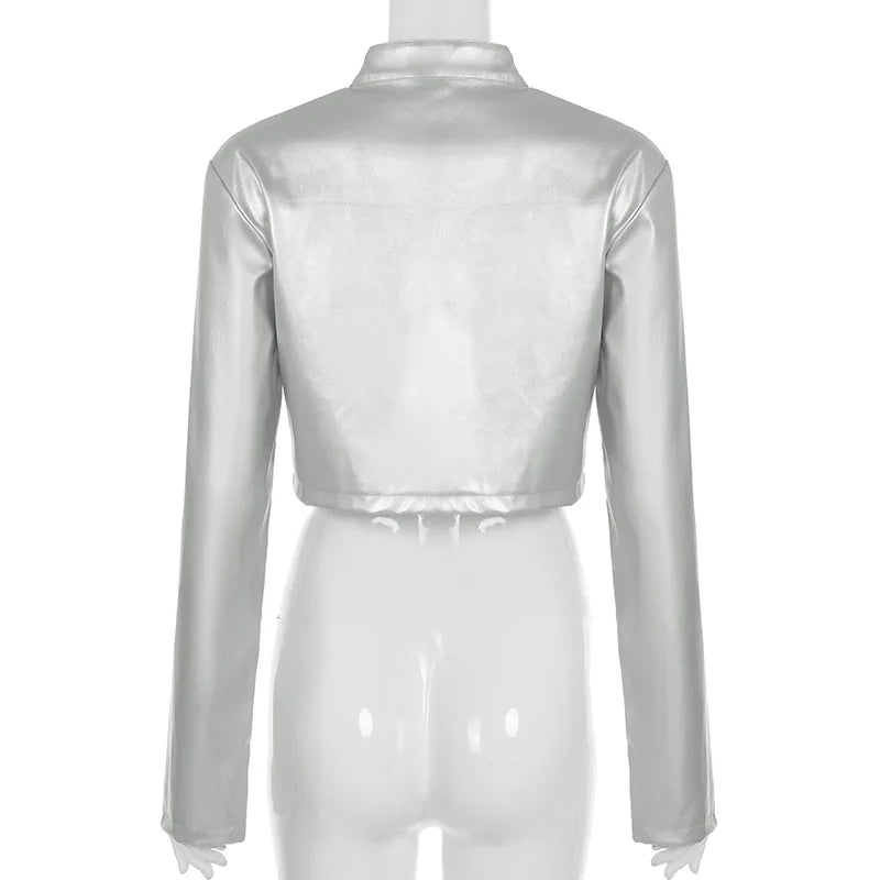 Spicy girl street personality slim fit exposed navel versatile silver stand up collar zipper short jacket - The Discount Plug