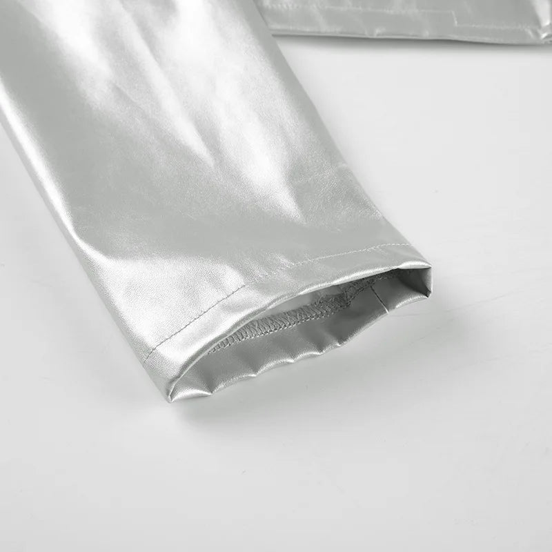 Spicy girl street personality slim fit exposed navel versatile silver stand up collar zipper short jacket - The Discount Plug