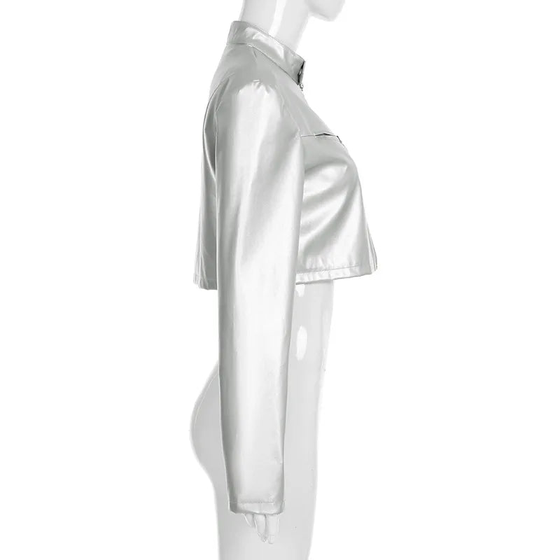 Spicy girl street personality slim fit exposed navel versatile silver stand up collar zipper short jacket - The Discount Plug