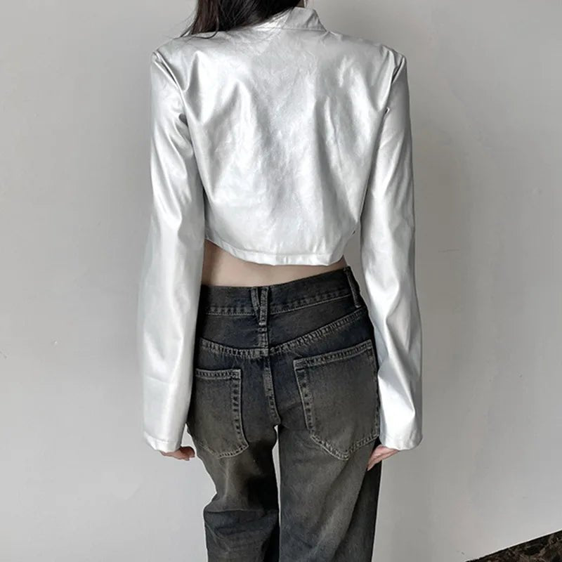 Spicy girl street personality slim fit exposed navel versatile silver stand up collar zipper short jacket - The Discount Plug