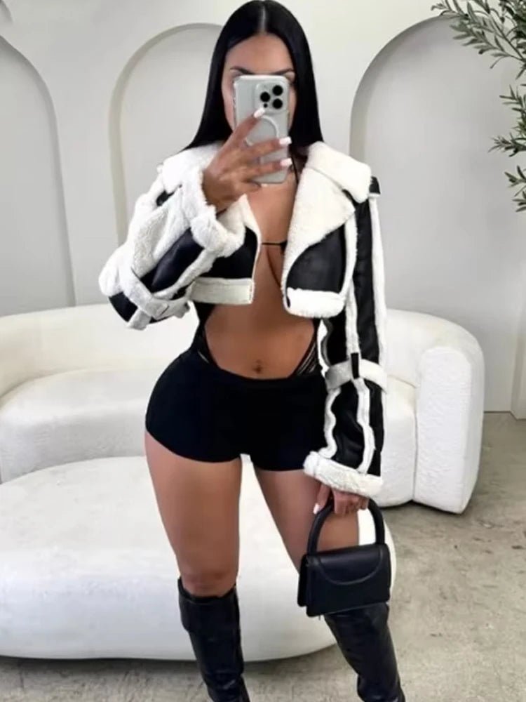 Weird Puss Furry Patchwork Women Crop Jacket Hipster Full Sleeve Open Stitch Hipster Streetwear Warm Outwear Basic Wild Coat - The Discount Plug