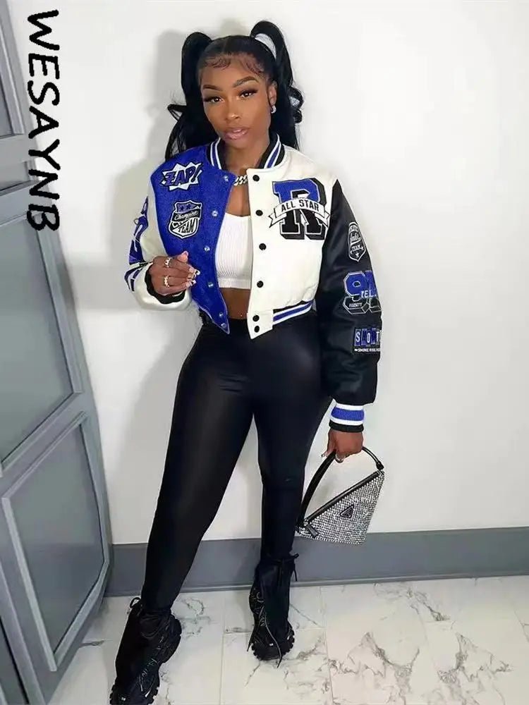 Winter Fall Jacket For Women Coat Trend O Neck Buttons Cropped Top Jacket Patchwork Baggy Blue Female Outerwear varsity jacket - The Discount Plug