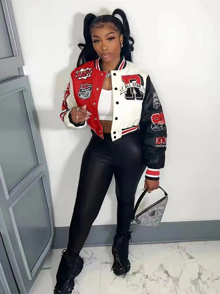 Winter Fall Jacket For Women Coat Trend O Neck Buttons Cropped Top Jacket Patchwork Baggy Blue Female Outerwear varsity jacket - The Discount Plug