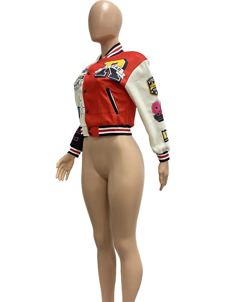 Winter Fall Jacket For Women Coat Trend O Neck Buttons Cropped Top Jacket Patchwork Baggy Blue Female Outerwear varsity jacket - The Discount Plug