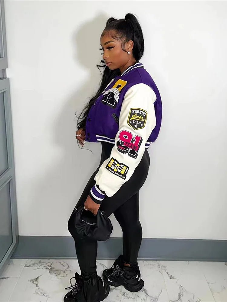 Winter Fall Jacket For Women Coat Trend O Neck Buttons Cropped Top Jacket Patchwork Baggy Blue Female Outerwear varsity jacket - The Discount Plug